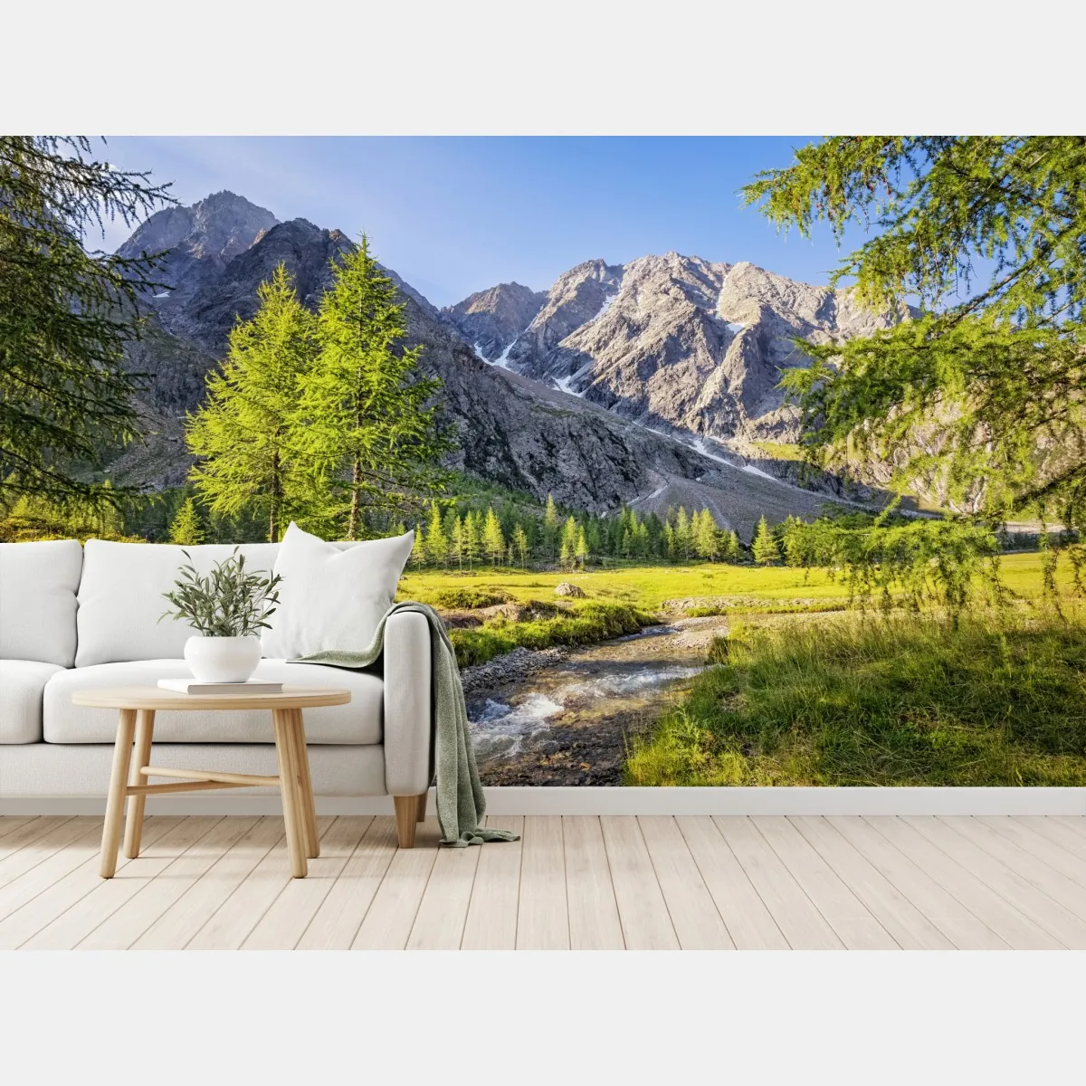 Fototapeta alpejska łąka z górskim strumieniem – Wallissimo® Fototapeta alpejska łąka z górskim strumieniem – Wallissimo®