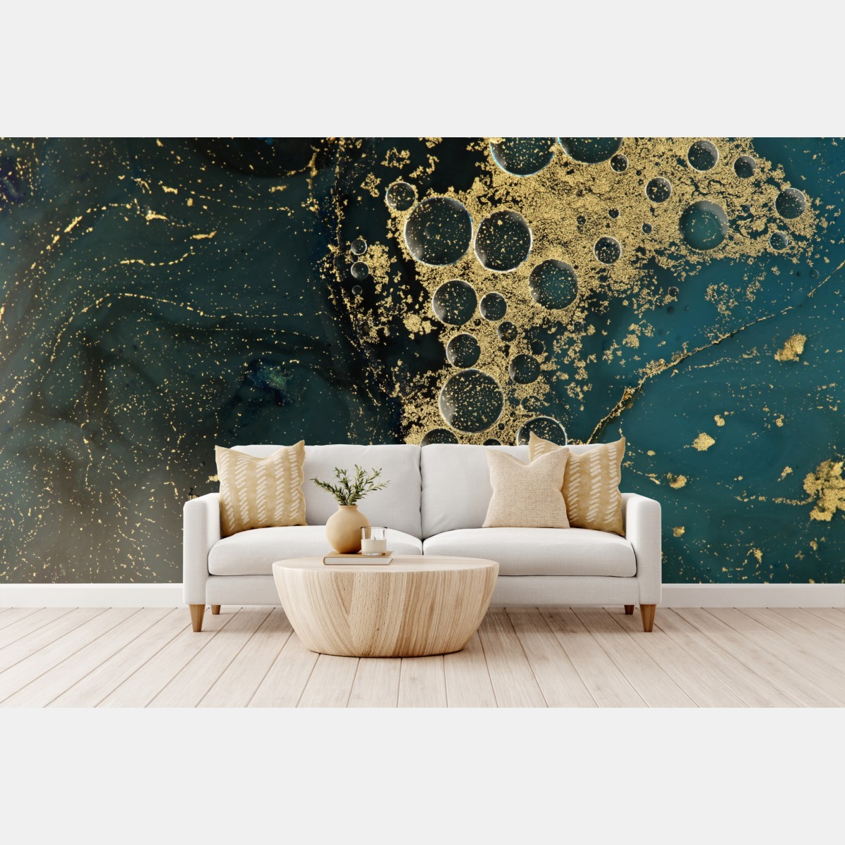 Wall mural turquoise and gold abstract marbled texture