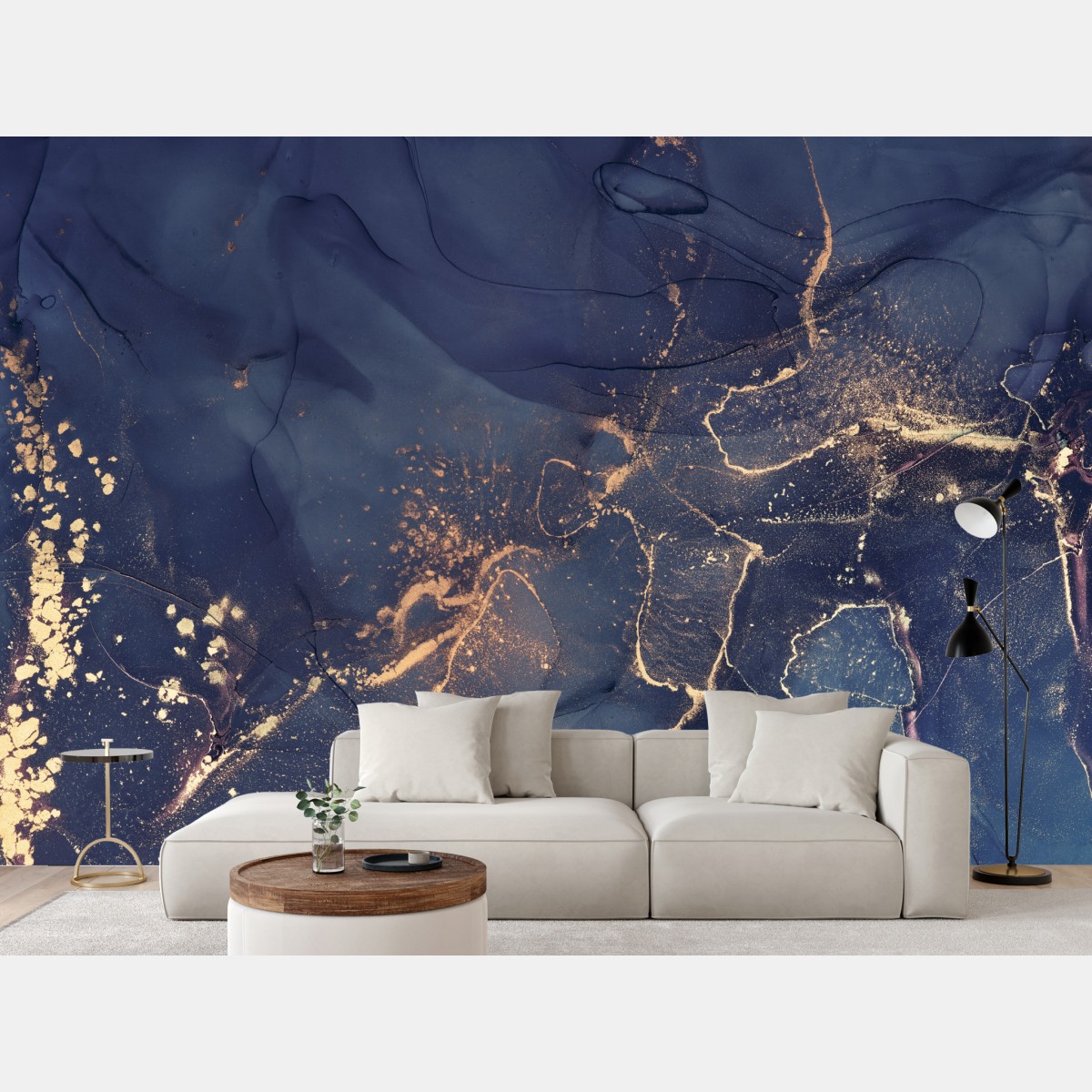 Wall mural navy marble abstract with gold veins
