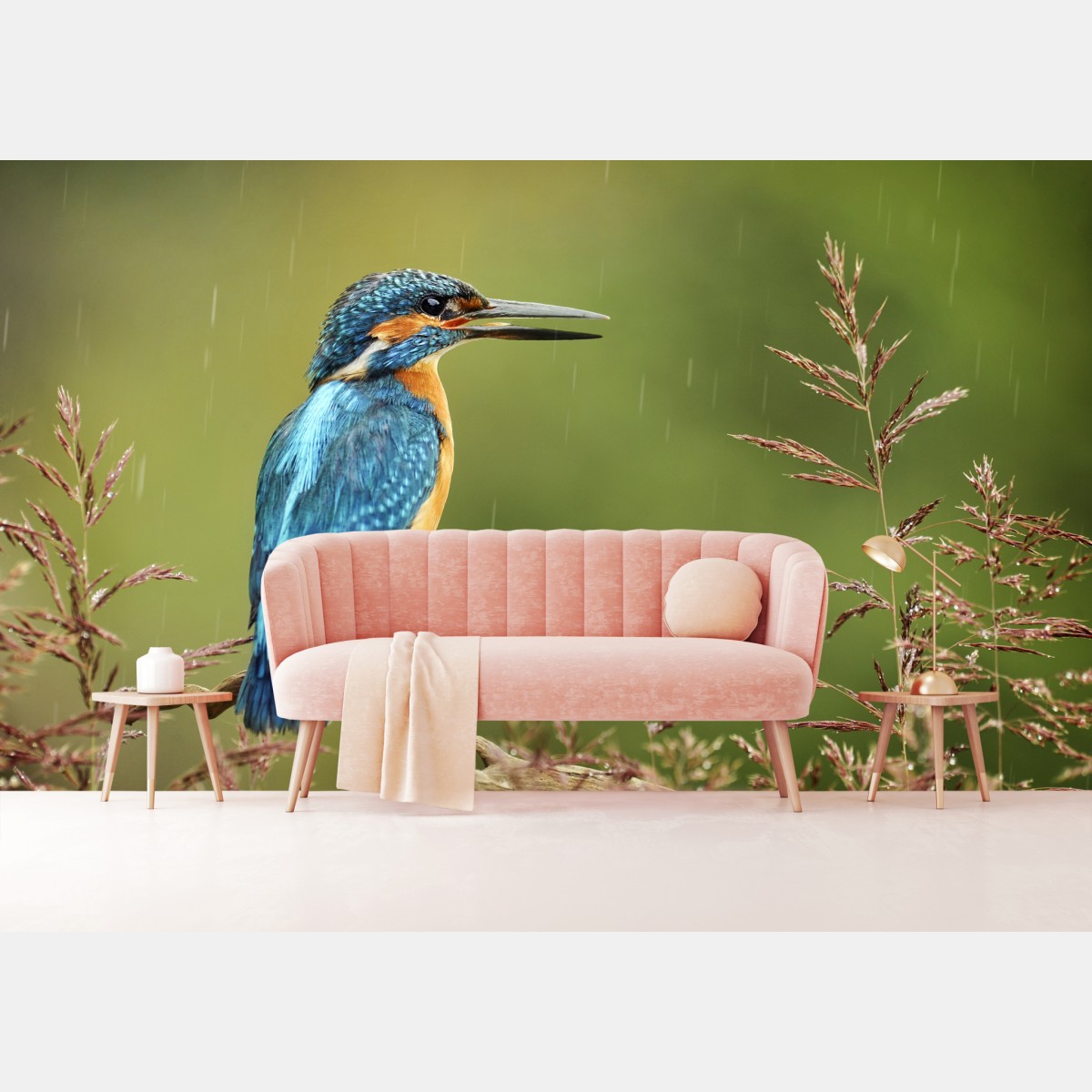 Wall mural vibrant kingfisher in the rain