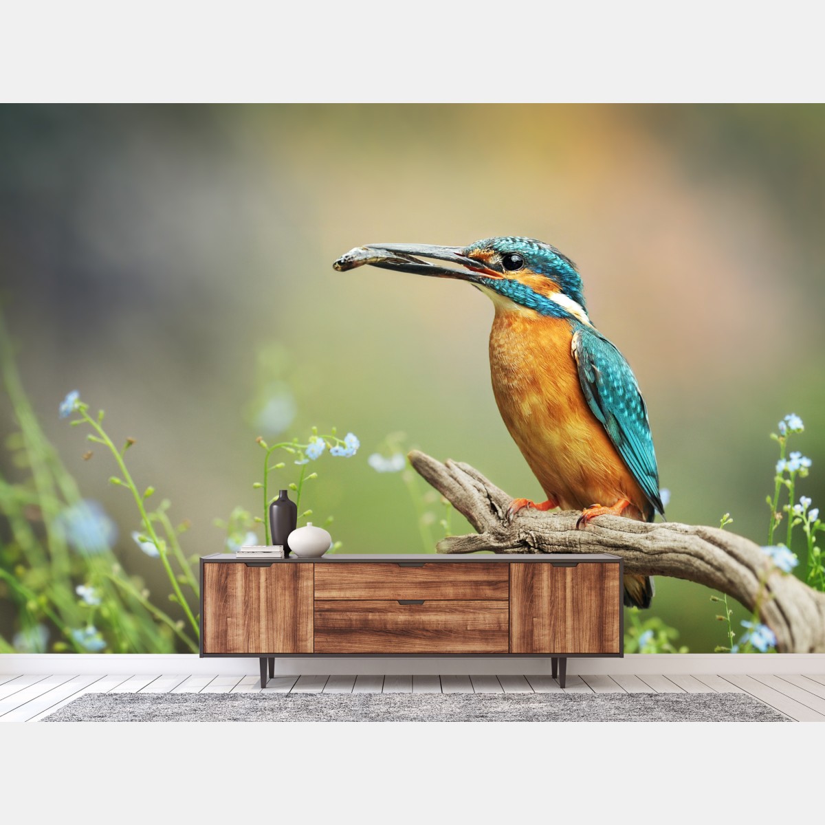 Wall mural kingfisher on branch with fish