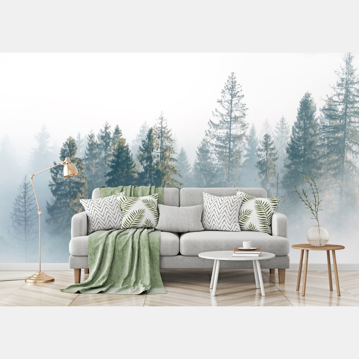 Wall mural misty spruce forest at dawn