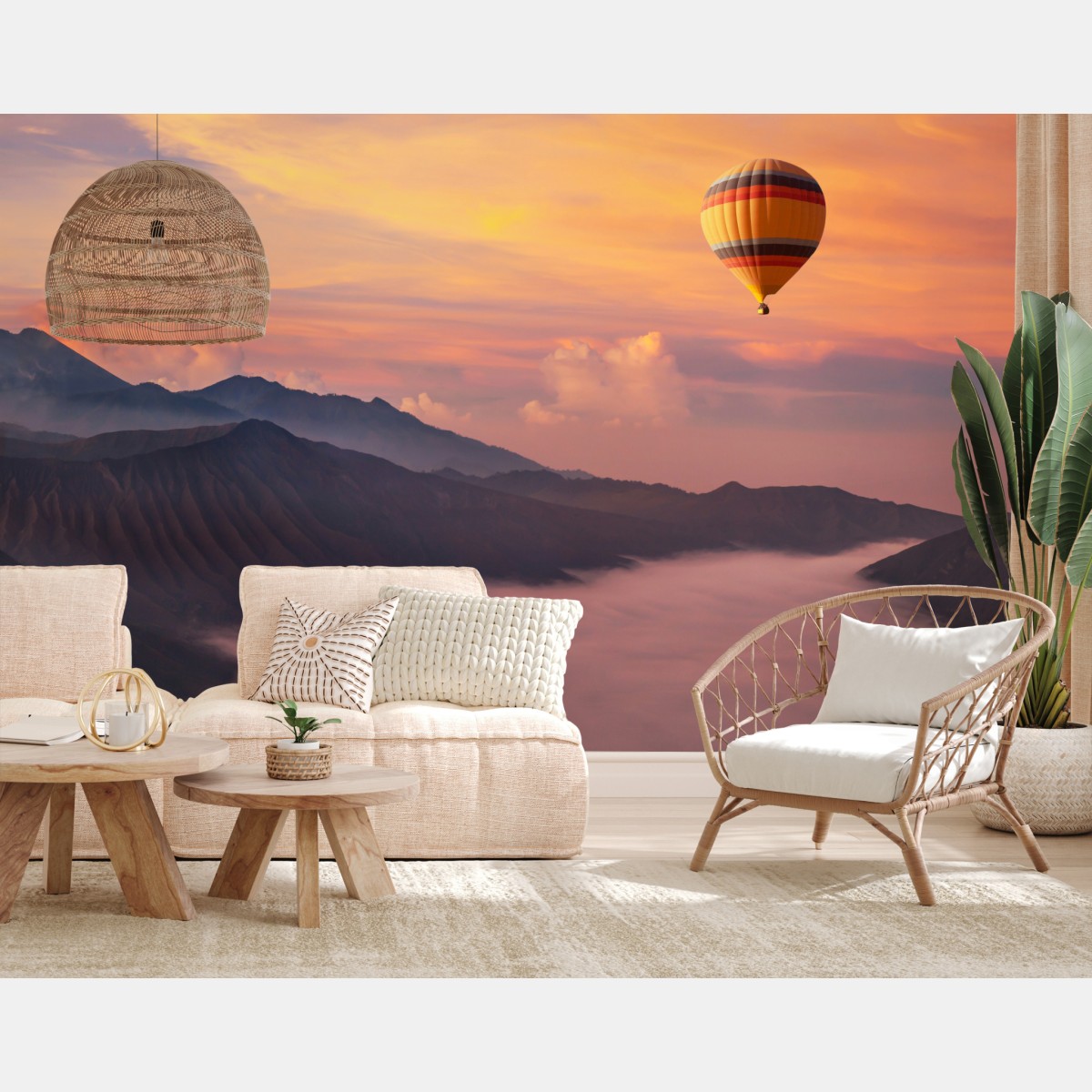 Wall mural sunrise balloon over misty mountains