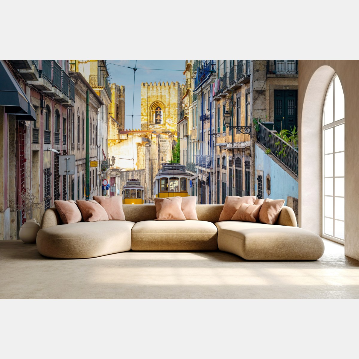 Wall mural sunlit trams on Lisbon's historic street