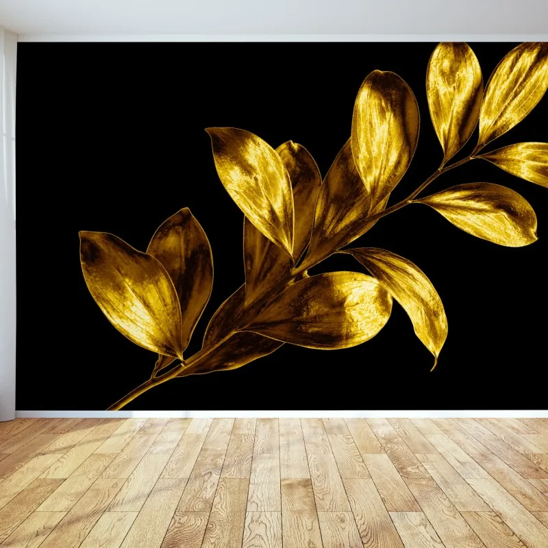 Fototapeta złota gałąź liści na czarnym tle