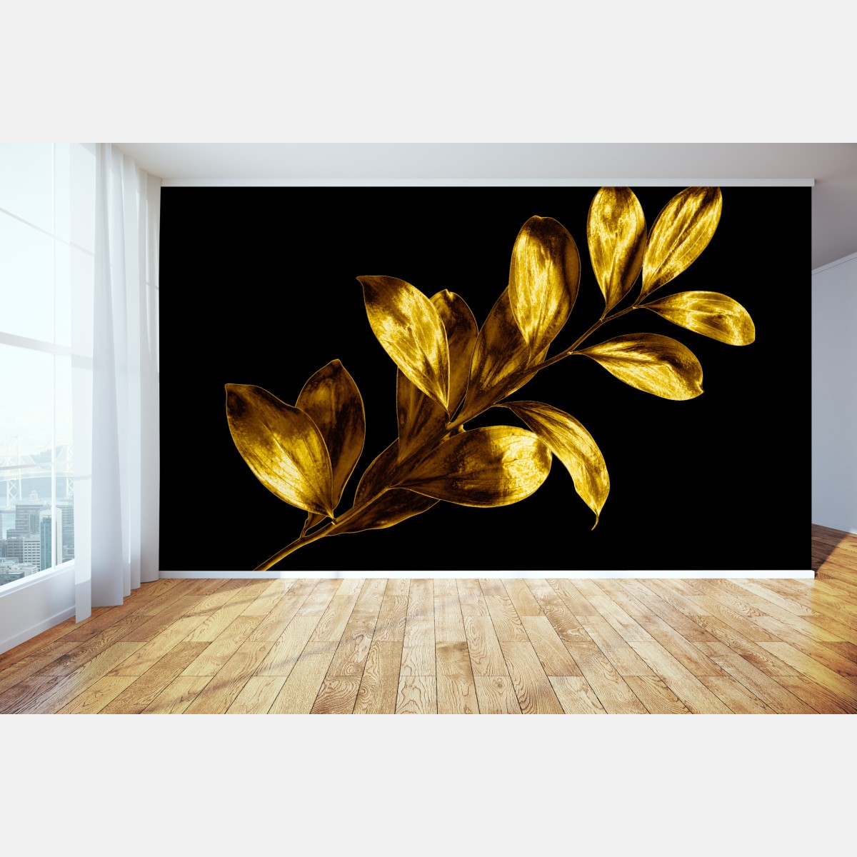 Wall mural golden leaf branch on black