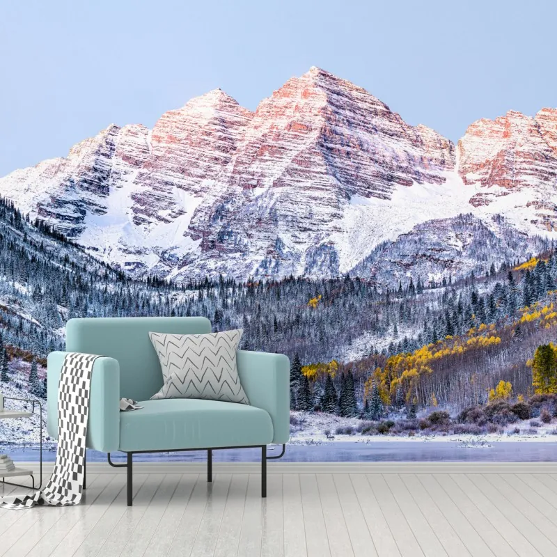 Fototapeta śnieżny poranek w górach nad jeziorem