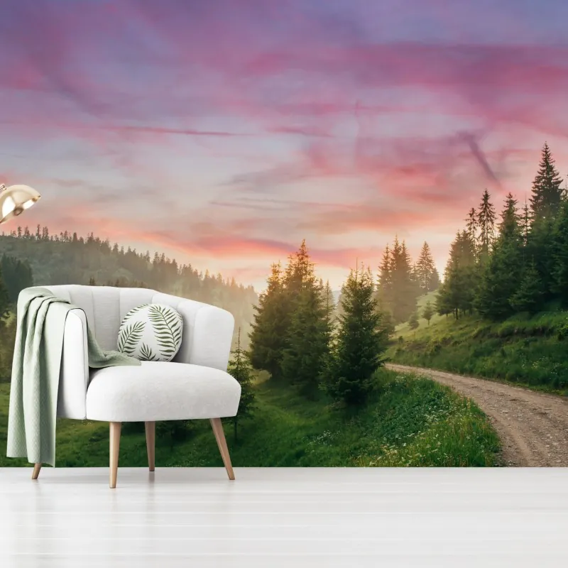 Fototapeta mglisty zachód słońca w sosnowym lesie