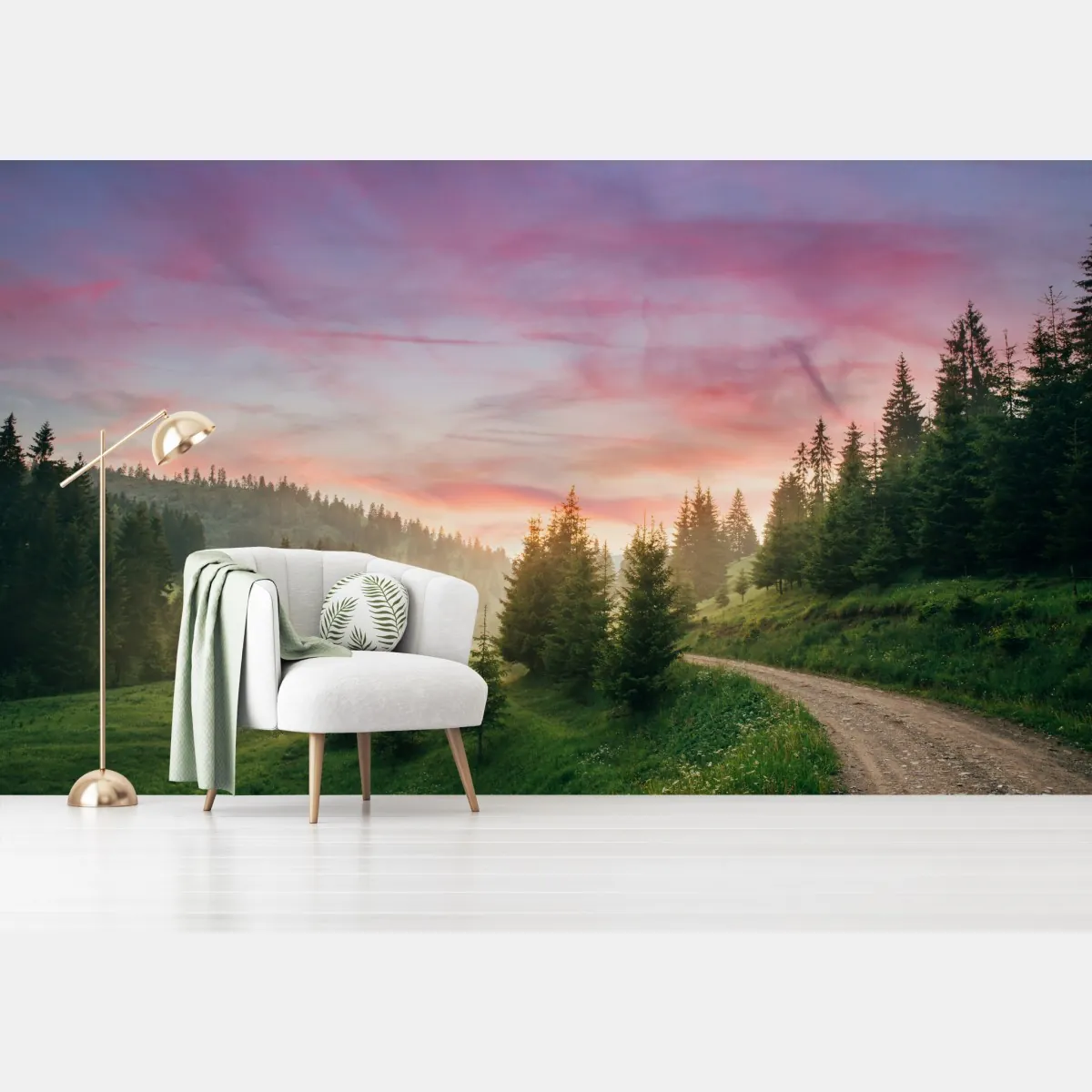 Fototapeta mglisty zachód słońca w sosnowym lesie – Wallissimo® Fototapeta mglisty zachód słońca w sosnowym lesie – Wallissimo®