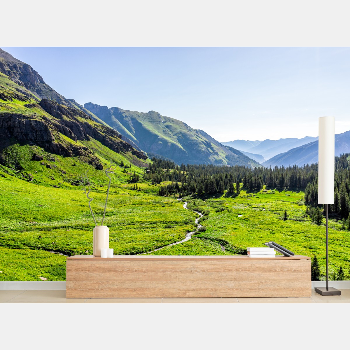 Wall mural serene alpine valley landscape