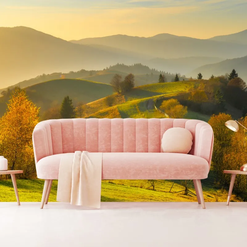 Fototapeta złote jesienne wzgórza o zachodzie słońca