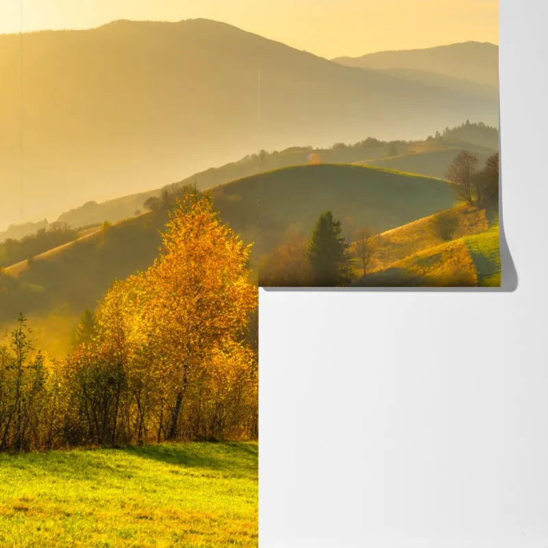 Fototapeta złote jesienne wzgórza o zachodzie słońca – Wallissimo® Fototapeta złote jesienne wzgórza o zachodzie słońca – Wallissimo®