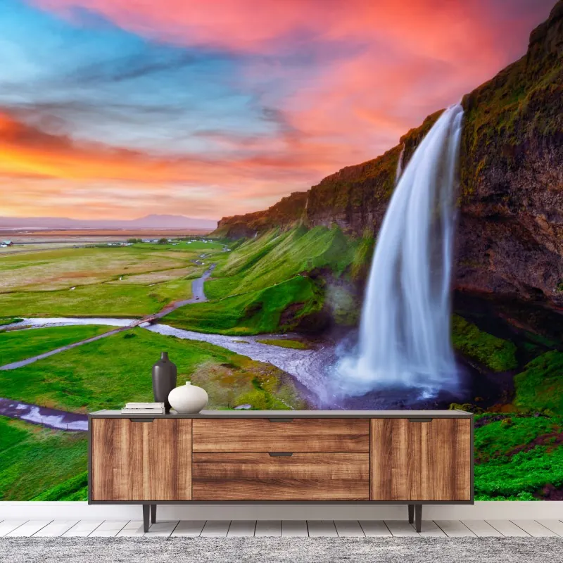 Fototapeta wodospad Seljalandsfoss o zachodzie słońca – Wallissimo® Fototapeta wodospad Seljalandsfoss o zachodzie słońca – Wallissimo®