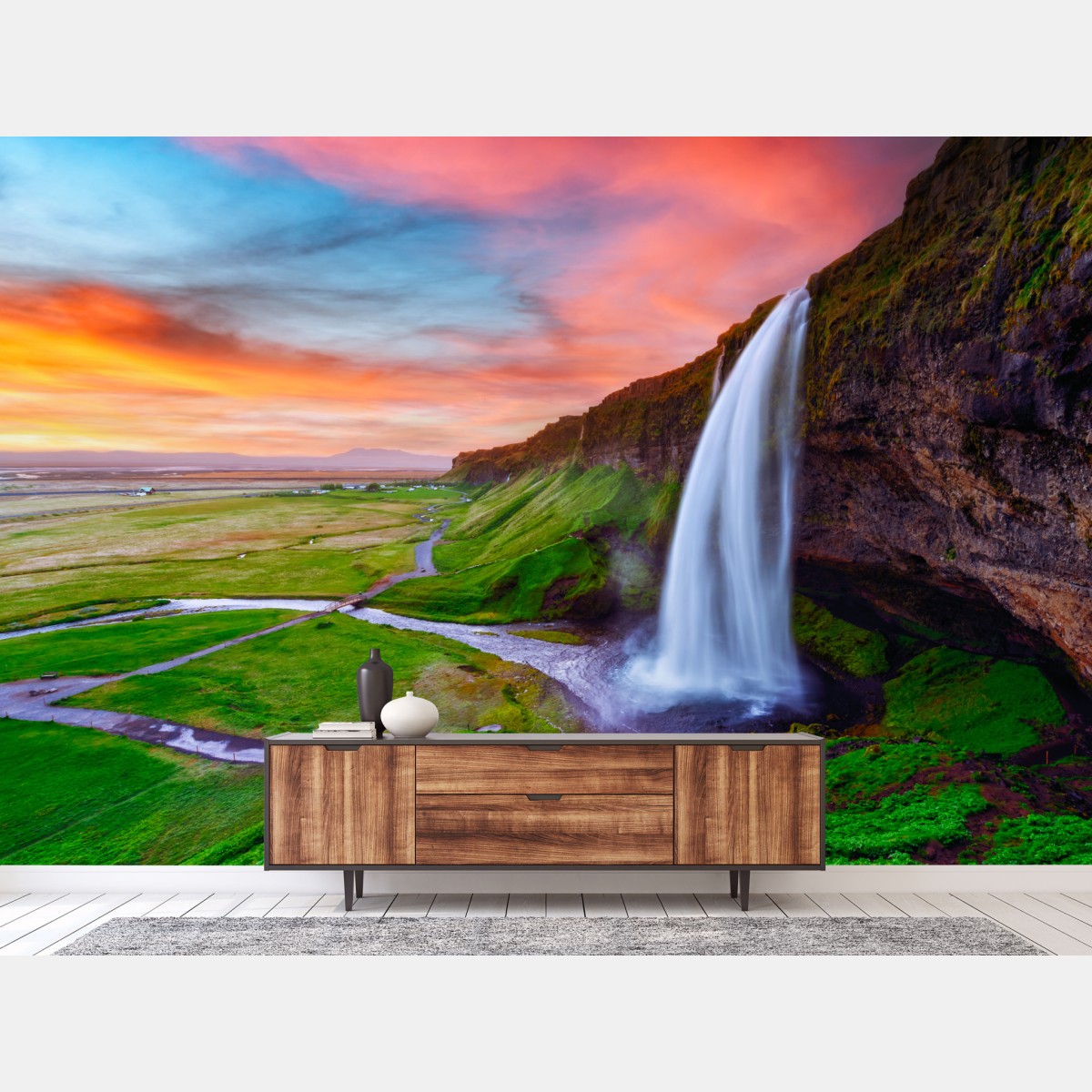 Wall mural Seljalandsfoss waterfall at sunset
