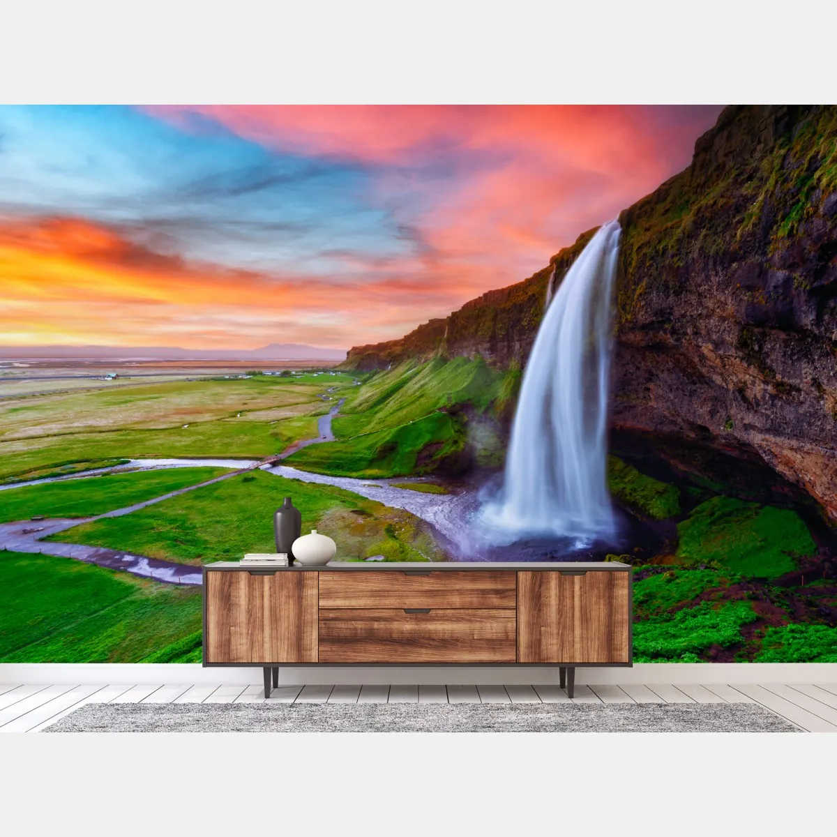 Fototapeta wodospad Seljalandsfoss o zachodzie słońca – Wallissimo® Fototapeta wodospad Seljalandsfoss o zachodzie słońca – Wallissimo®