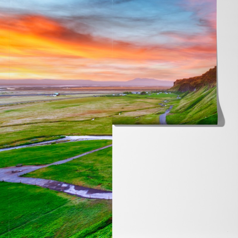 Fototapeta wodospad Seljalandsfoss o zachodzie słońca – Wallissimo® Fototapeta wodospad Seljalandsfoss o zachodzie słońca – Wallissimo®