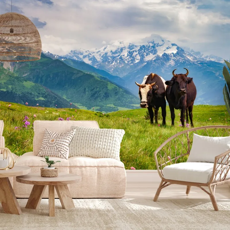 Fototapeta alpejska łąka z pasącymi się krowami – Wallissimo® Fototapeta alpejska łąka z pasącymi się krowami – Wallissimo®