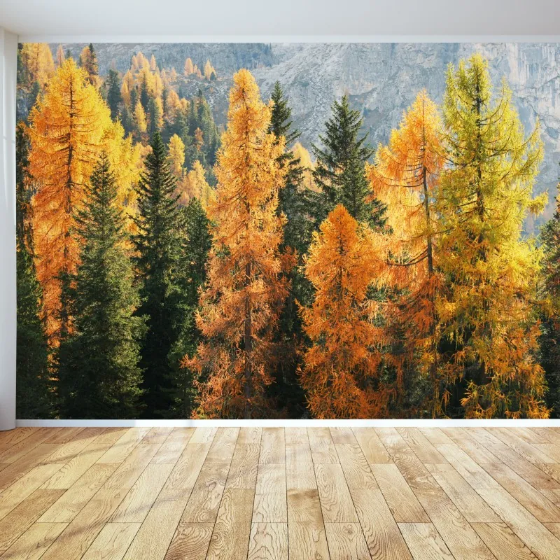 Fototapeta złoty jesienny las modrzewiowy – Wallissimo® Fototapeta złoty jesienny las modrzewiowy – Wallissimo®