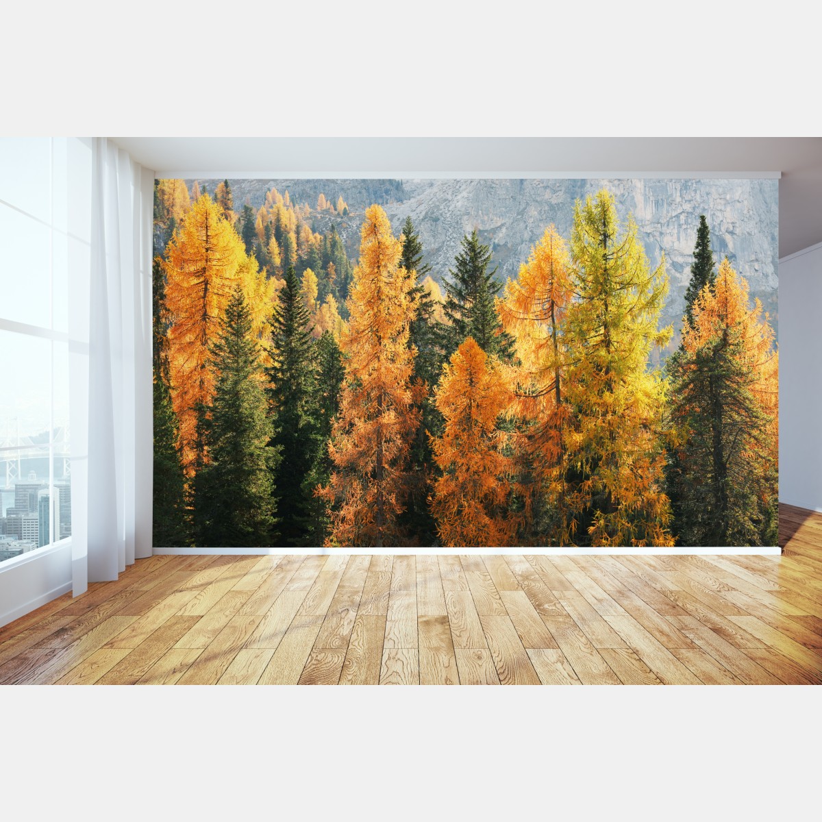 Wall mural golden autumn larch forest