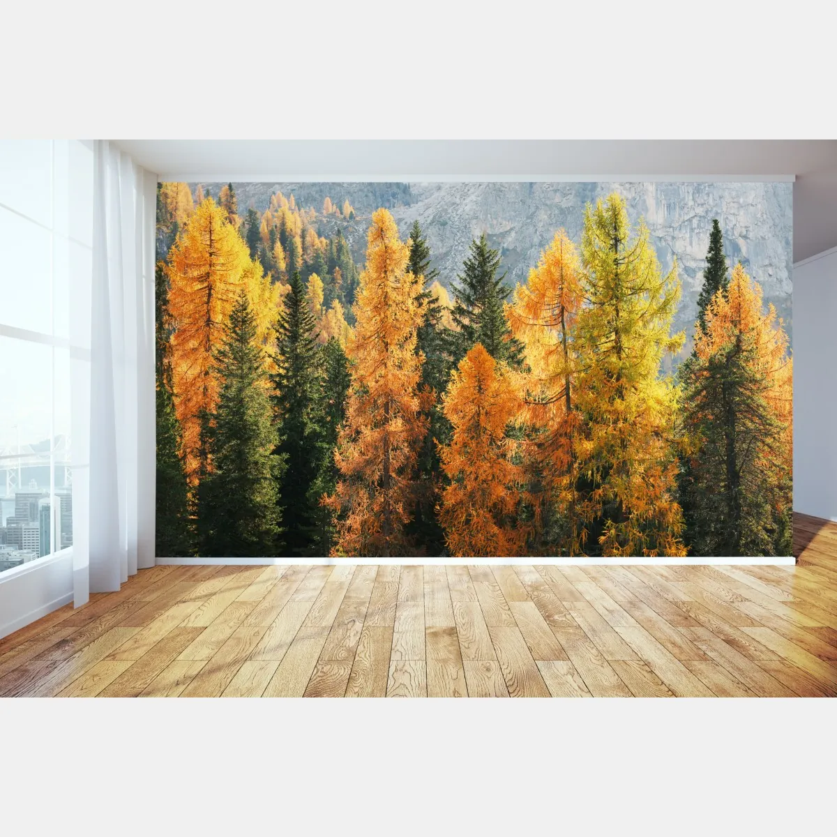 Fototapeta złoty jesienny las modrzewiowy – Wallissimo® Fototapeta złoty jesienny las modrzewiowy – Wallissimo®