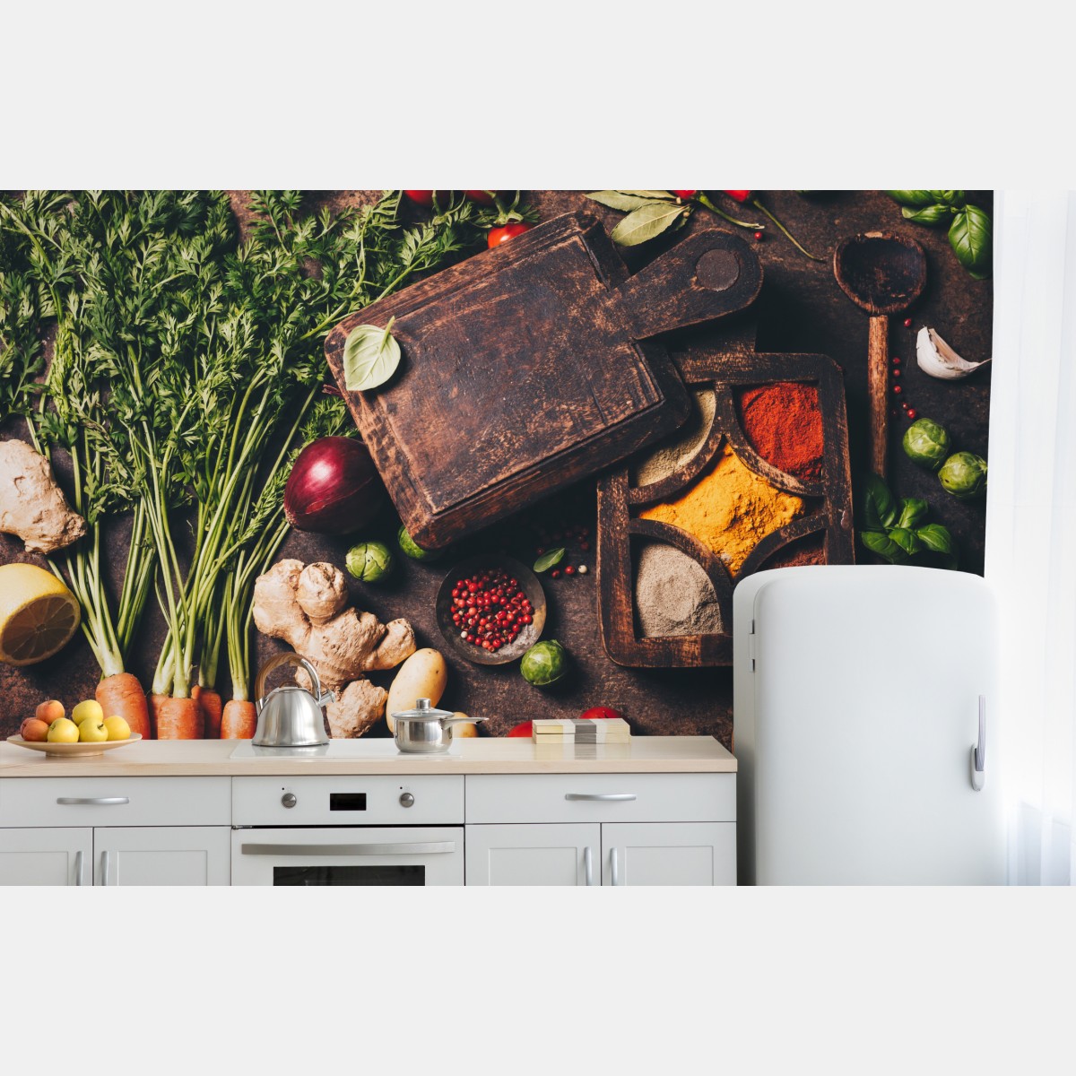 Wall mural rustic spices and fresh vegetables flatlay