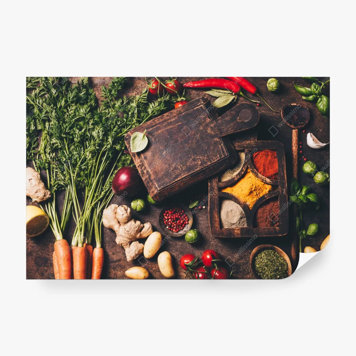 Fototapeta rustykalna kompozycja przypraw i świeżych warzyw – Wallissimo® Fototapeta rustykalna kompozycja przypraw i świeżych warzyw – Wallissimo®