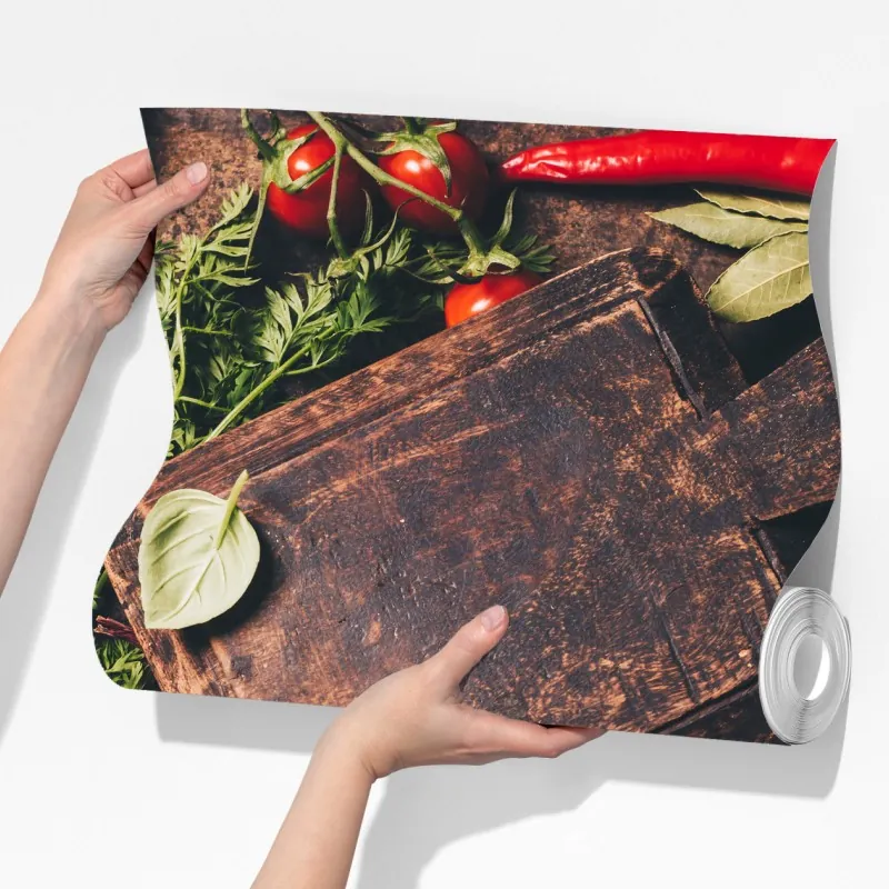 Fototapeta rustykalna kompozycja przypraw i świeżych warzyw – Wallissimo® Fototapeta rustykalna kompozycja przypraw i świeżych warzyw – Wallissimo®