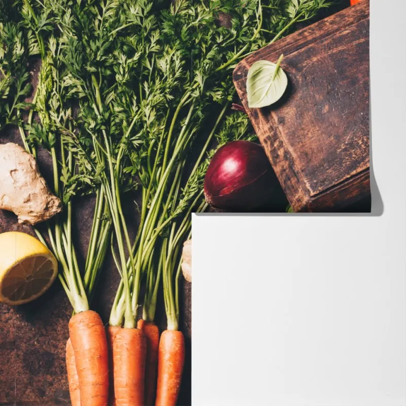 Fototapeta rustykalna kompozycja przypraw i świeżych warzyw – Wallissimo® Fototapeta rustykalna kompozycja przypraw i świeżych warzyw – Wallissimo®