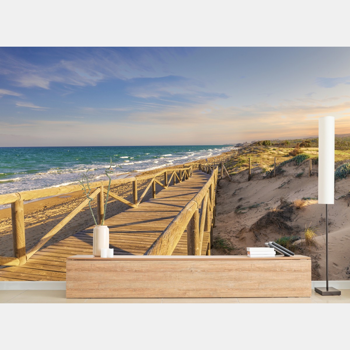 Wall mural wooden boardwalk to Guardamar beach