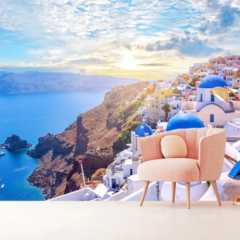 Fototapeta słoneczna wieś Oia na kalderze Santorini – Wallissimo® Fototapeta słoneczna wieś Oia na kalderze Santorini – Wallissimo®