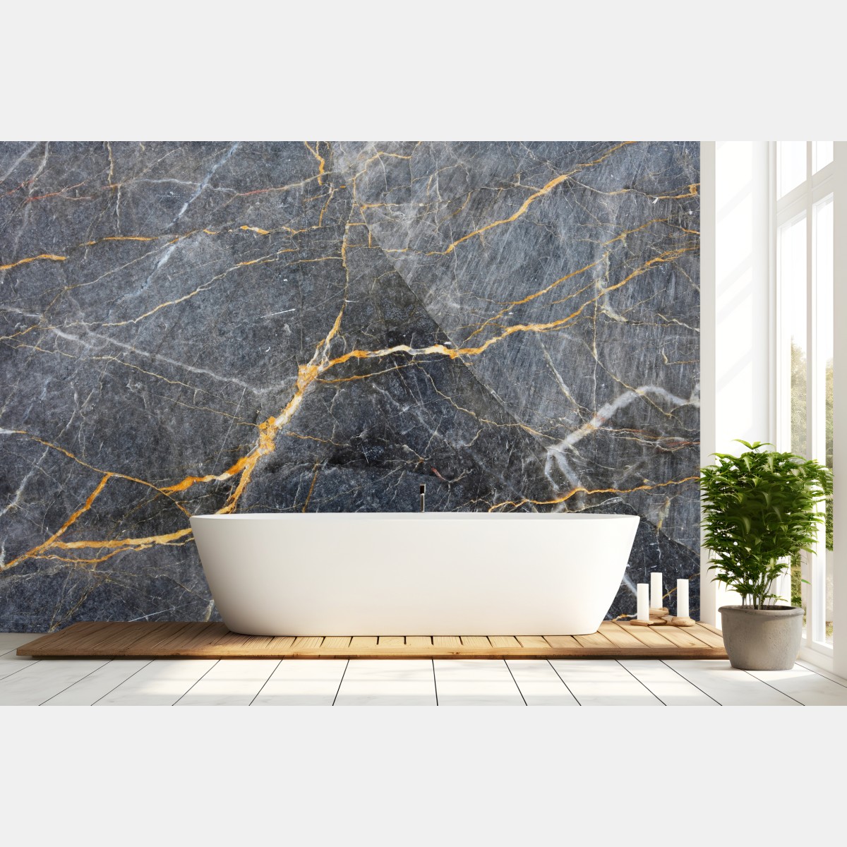 Wall mural dark gray marble with gold veins