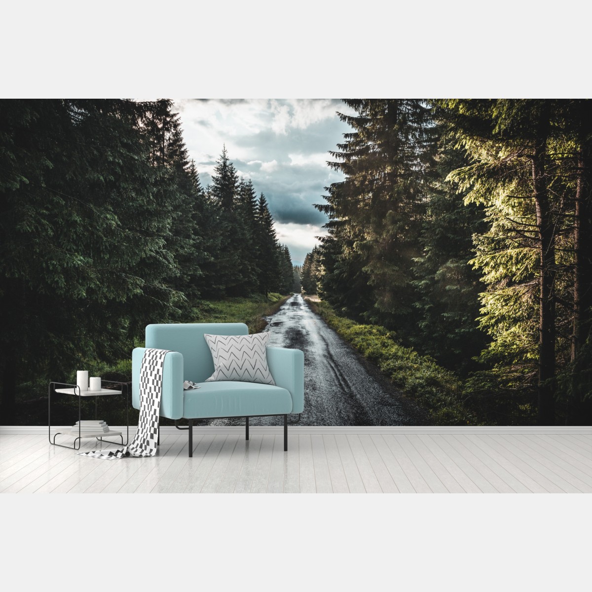 Wall mural forest road through misty pines