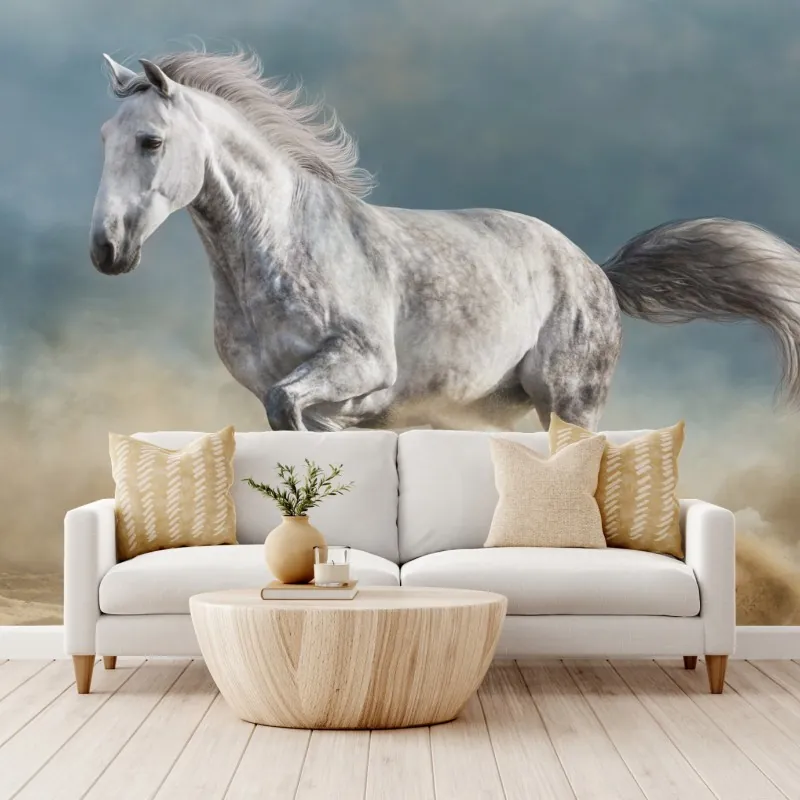 Fototapeta majestatyczny siwy koń galopujący po piasku