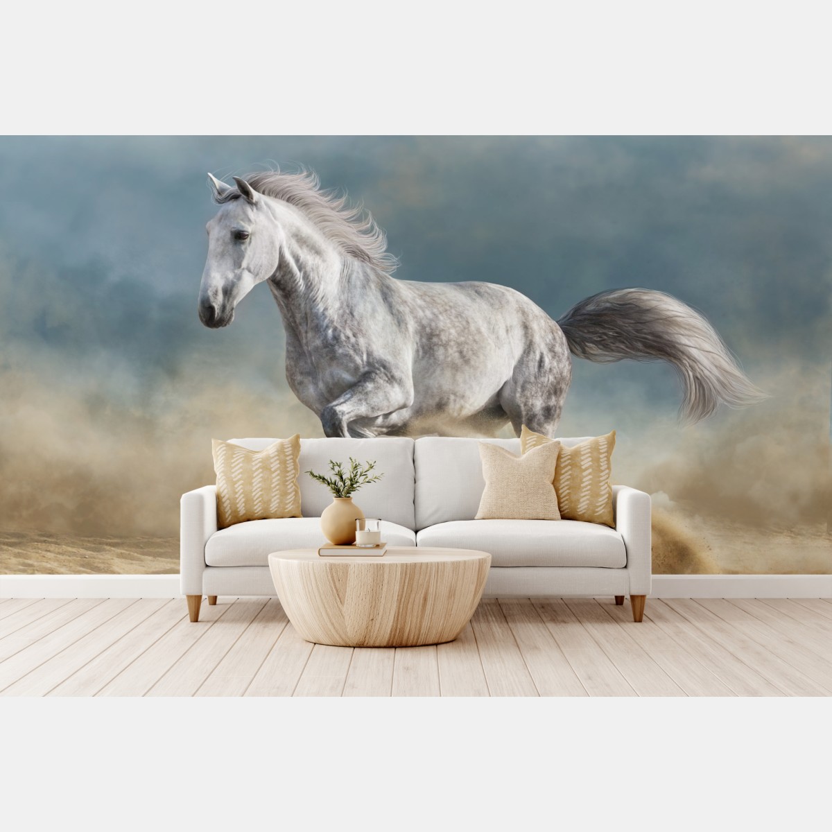 Wall mural majestic grey horse galloping in sand