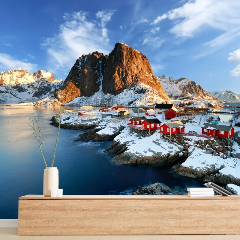 Fototapeta słoneczna wioska Hamnøy nad fiordem