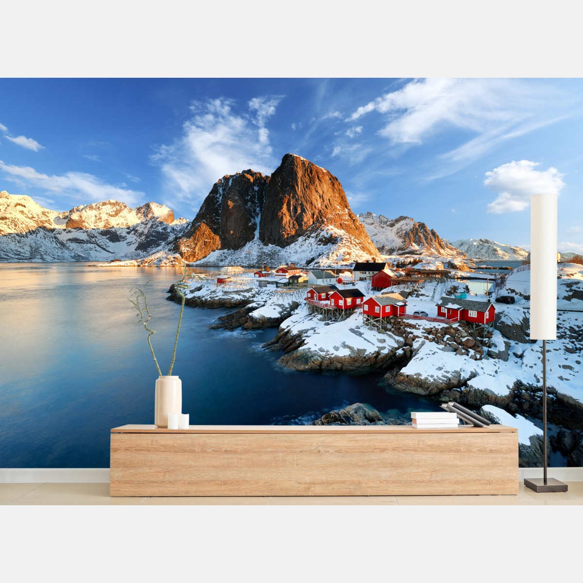 Wall mural sunlit Hamnøy village by the fjord