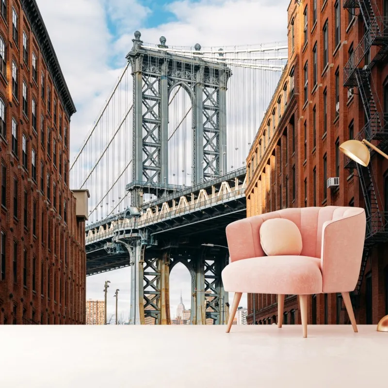 Fototapeta Brooklyn widok mostu między ceglanymi budynkami – Wallissimo® Fototapeta Brooklyn widok mostu między ceglanymi budynkami – Wallissimo®