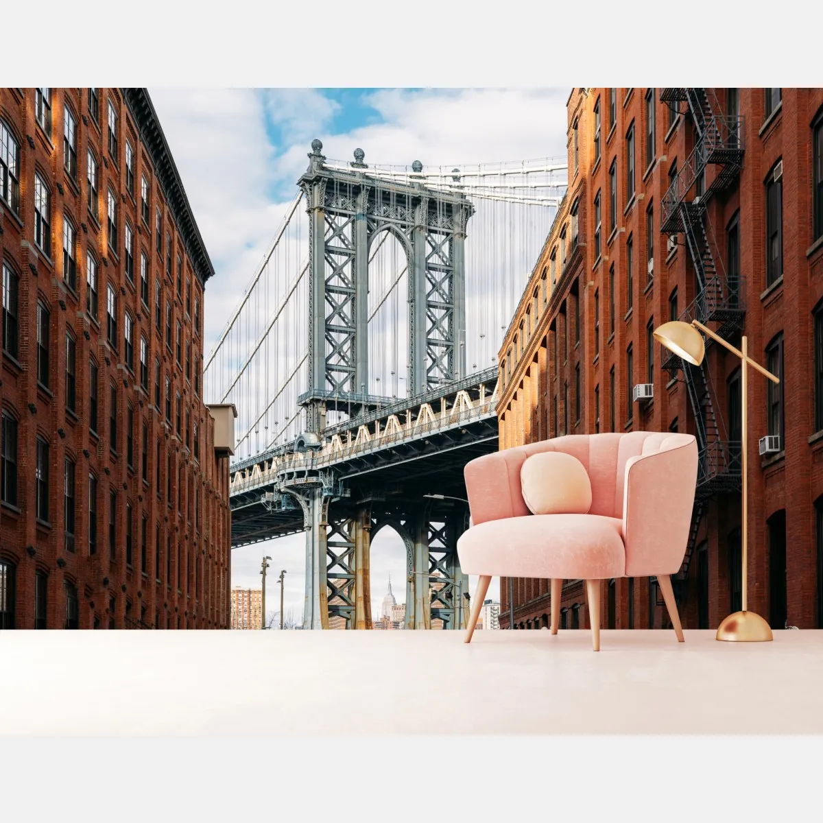 Fototapeta Brooklyn widok mostu między ceglanymi budynkami – Wallissimo® Fototapeta Brooklyn widok mostu między ceglanymi budynkami – Wallissimo®