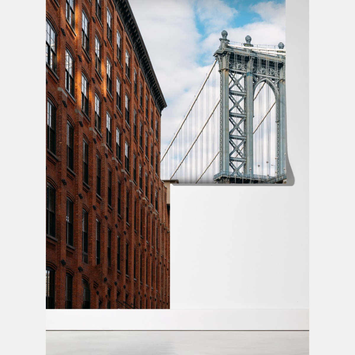 Fototapeta Brooklyn widok mostu między ceglanymi budynkami – Wallissimo® Fototapeta Brooklyn widok mostu między ceglanymi budynkami – Wallissimo®