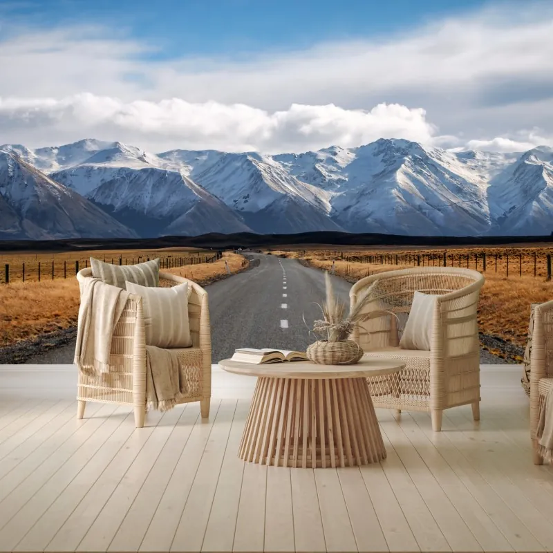 Fototapeta droga prowadząca do ośnieżonych gór, Nowa Zelandia