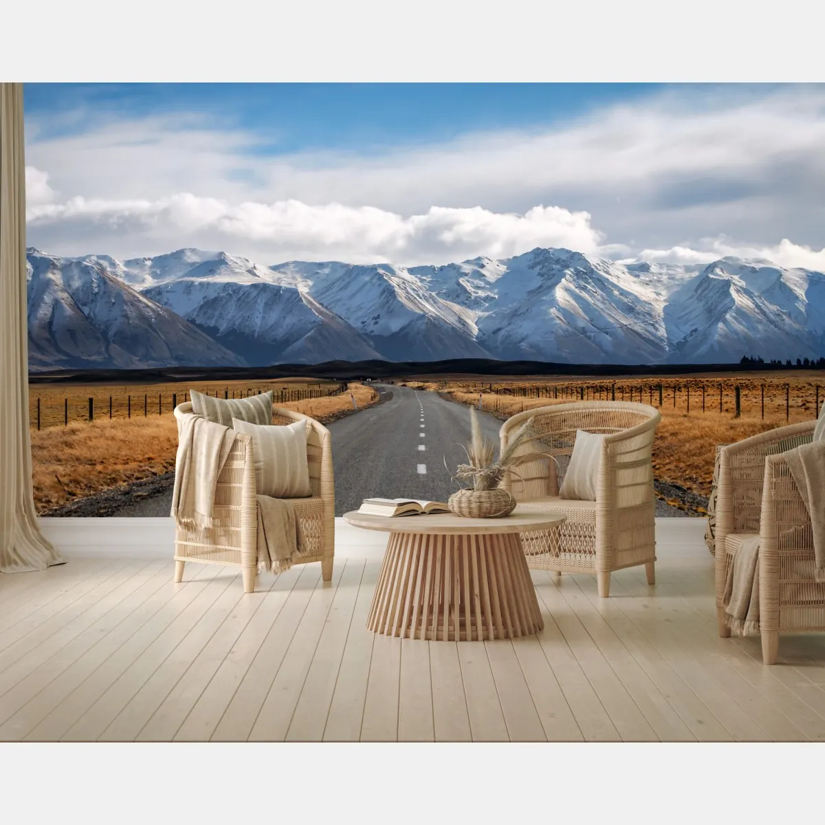 Fototapeta droga prowadząca do ośnieżonych gór, Nowa Zelandia – Wallissimo® Fototapeta droga prowadząca do ośnieżonych gór, Nowa Zelandia – Wallissimo®