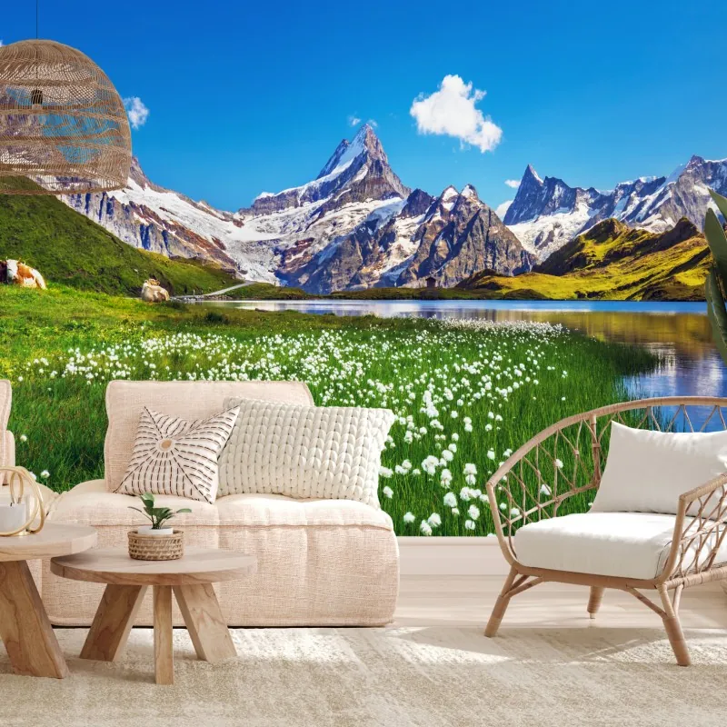 Fototapeta alpejskie jezioro z łąką pełną kwiatów