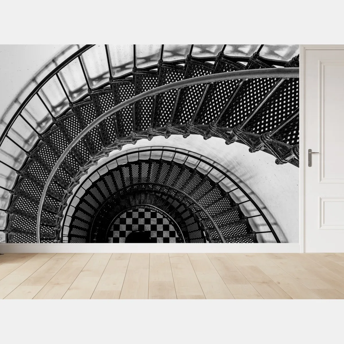 Fototapeta spiralne schody w czerni i bieli – Wallissimo® Fototapeta spiralne schody w czerni i bieli – Wallissimo®