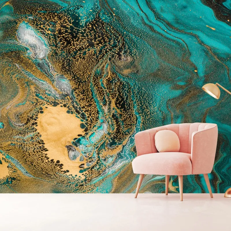 Fototapeta turkusowy i złoty płynny wir abstrakcji