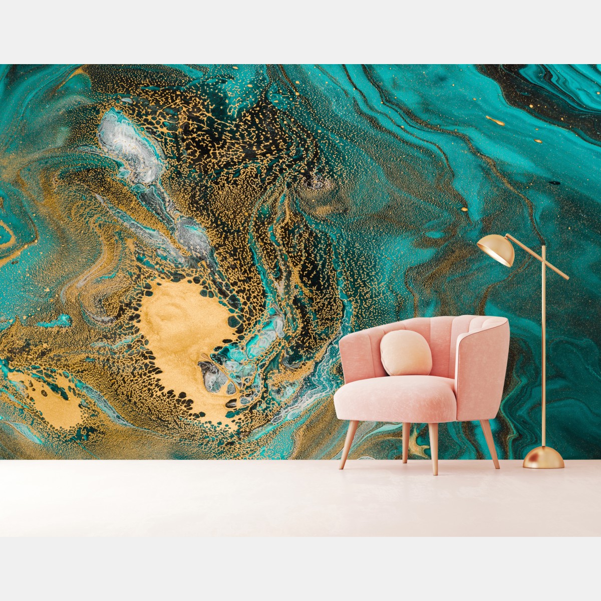 Wall mural turquoise and gold fluid swirl