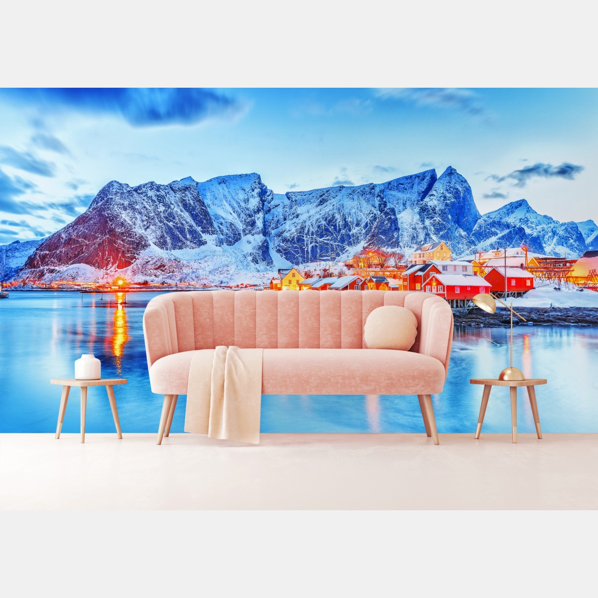 Wall mural snowy coastal village beneath towering mountains