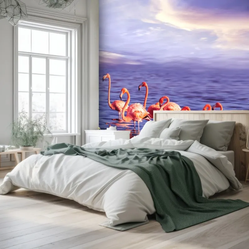 Fototapeta różowe flamingi w fioletowym zachodzie słońca