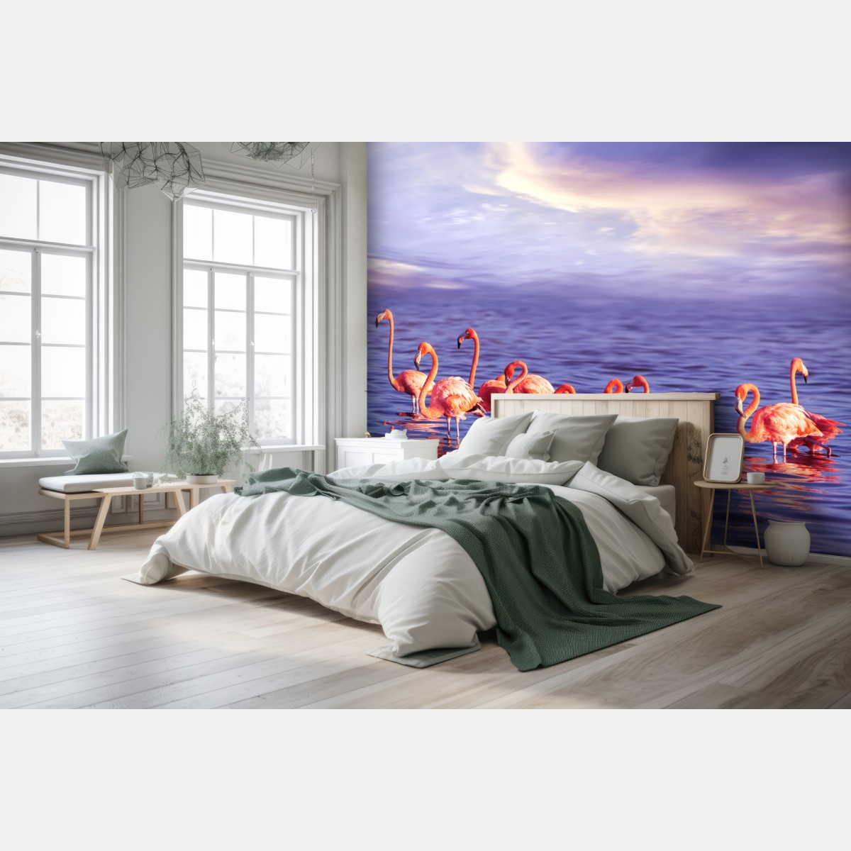 Wall mural pink flamingos in purple sunset