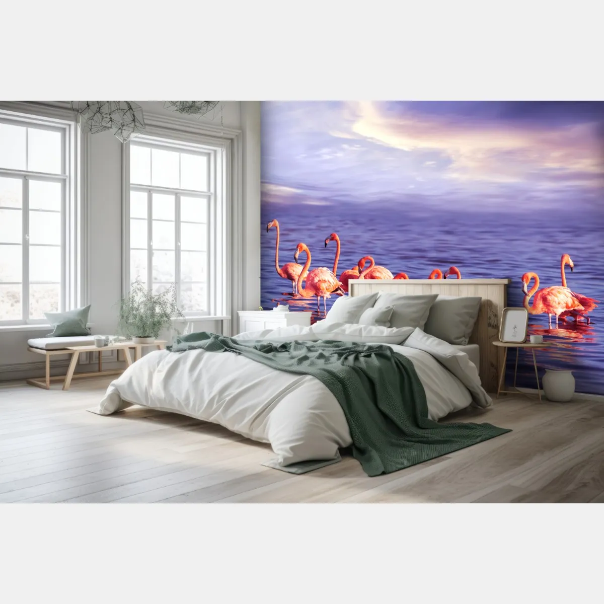 Fototapeta różowe flamingi w fioletowym zachodzie słońca – Wallissimo® Fototapeta różowe flamingi w fioletowym zachodzie słońca – Wallissimo®