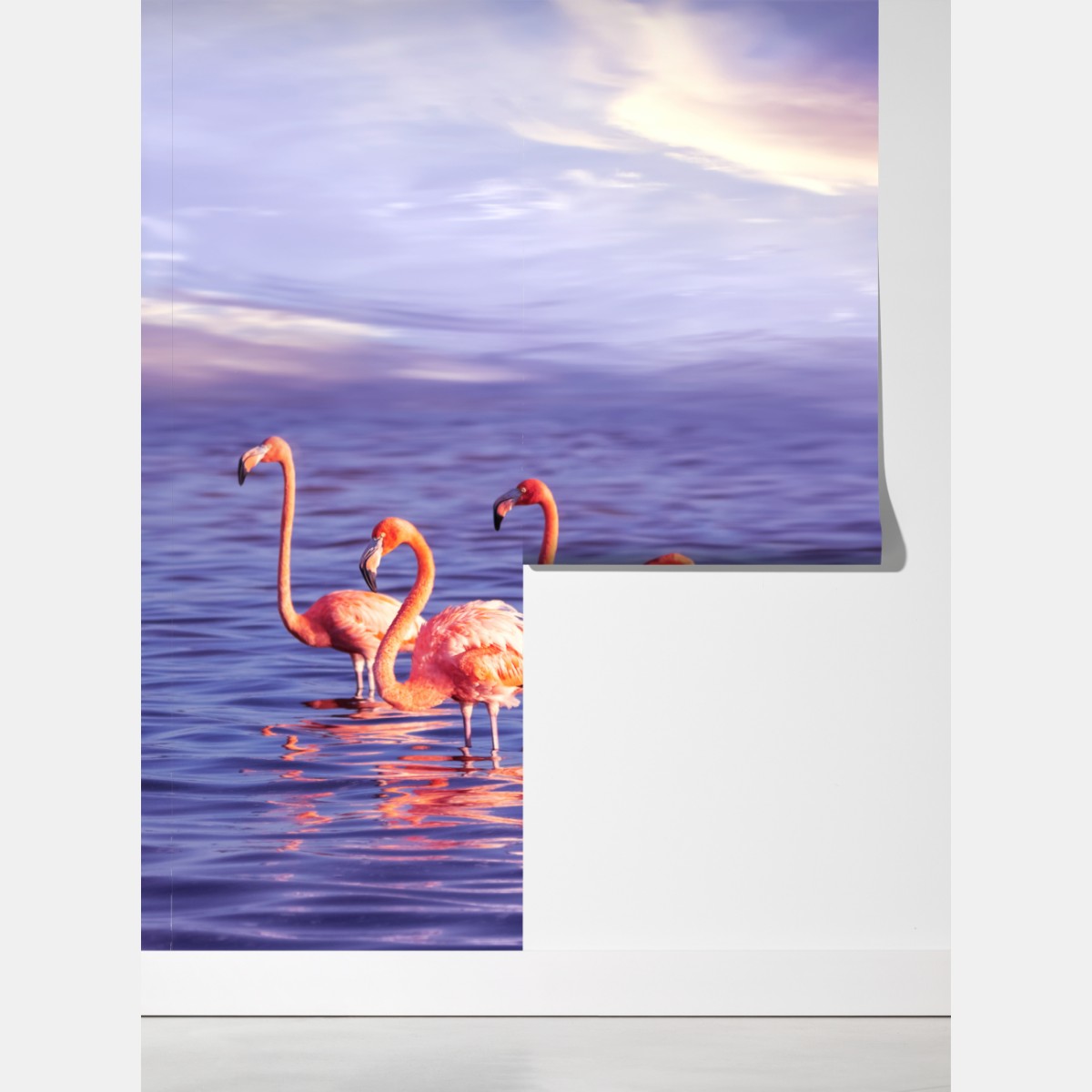 Fototapeta różowe flamingi w fioletowym zachodzie słońca – Wallissimo® Fototapeta różowe flamingi w fioletowym zachodzie słońca – Wallissimo®